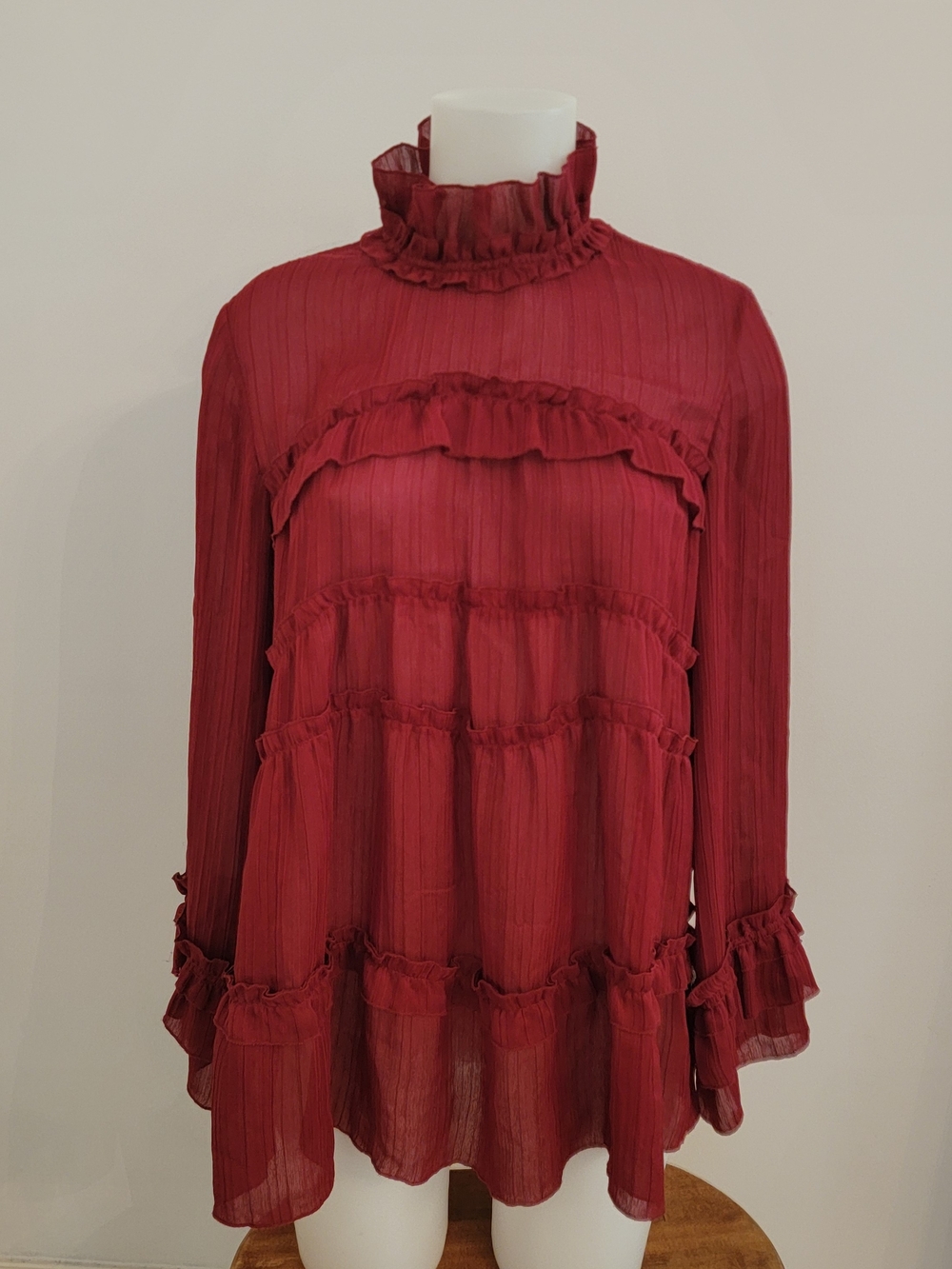 IRO Burgundy Ruffle High-Neck Blouse